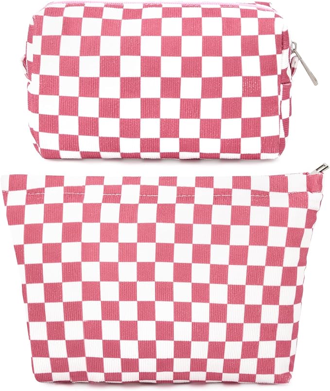 SOIDRAM 2 Pcs Checkered Makeup Bag Large Cosmetic Bag Toiletry Bag Makeup Pouch Travel Bag Organizer Cute Makeup Brushes Aesthetic Accessories Storage Bag for Women Peach Pink
