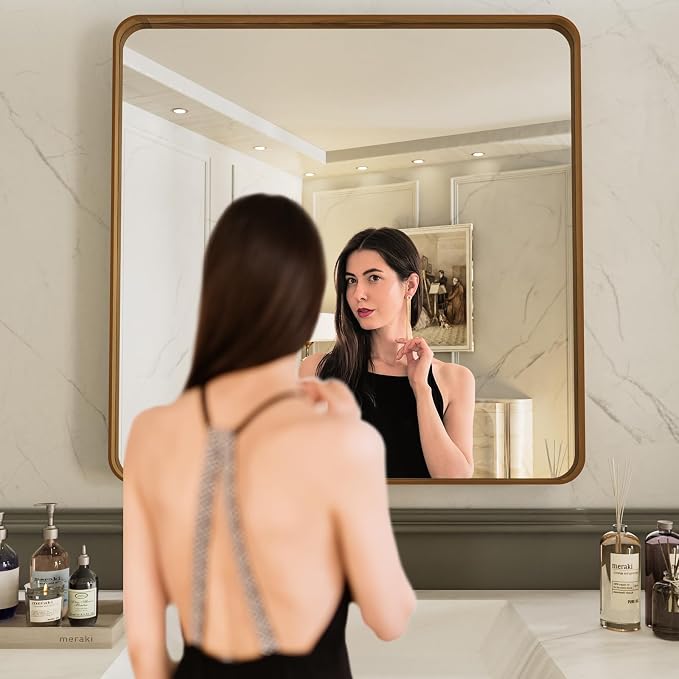 LOAAO 30X30 Bathroom Mirror, Wood Grain Colored Metal Frame | Rounded Rectangle Metal Framed, Anti-Rust, Hangs Horizontally or Vertically, Tempered Glass