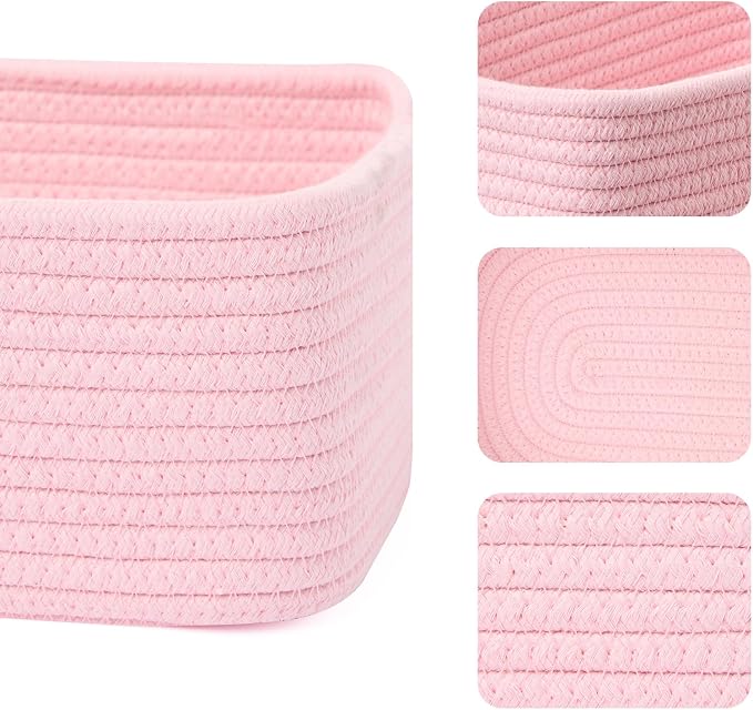 MiniArk Small Storage Baskets for Organizing | Closet Organizer Bins | Shelf Toy Basket | Woven Rope Baskets | Cube Decorative Box | Shallow Basket | 11.5x7.5x4.7” | 4 Packs Light Pink