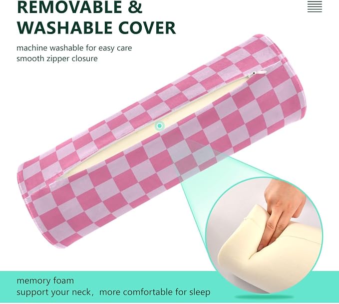 Checkered Pink Neck Roll Pillow Bolster Round Health Memory Foam Long Cervical Cylinder Pillows with Removable Washable Cover for Body Bed Legs Back Yoga