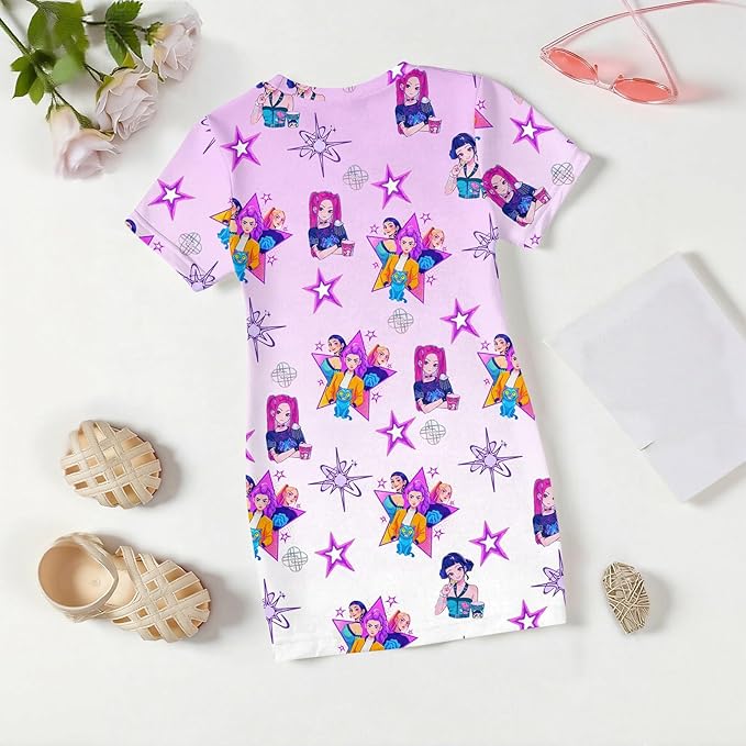Girl's Anime K-POP Graphic Long Dress T-Shirt - Casual Loose Fit Short Sleeve Top