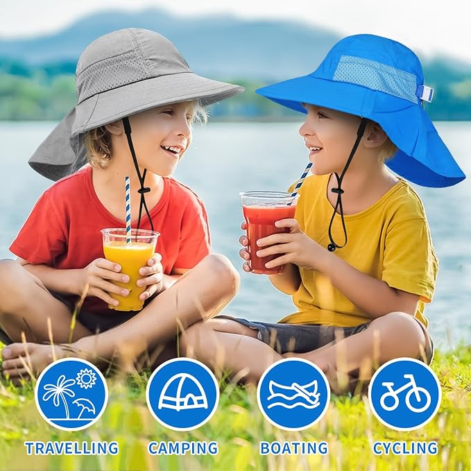 Toddler Baby Sun Hat Kids Summer Beach Essentials Adjustable Beach Hats with Bucket Wide Brim for Boys Girls Age 0-14 Years