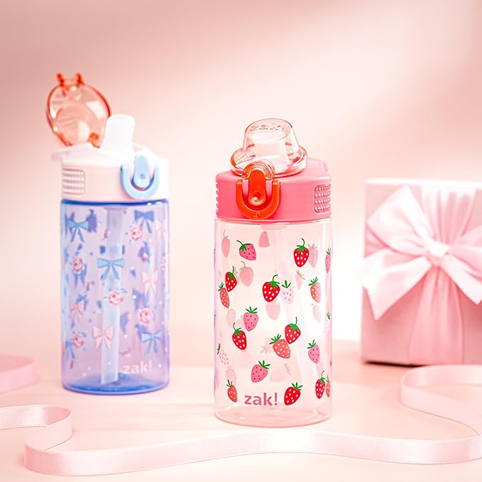 Zak Designs Sage Kids Water Bottle For School or Travel, 16oz Durable Plastic Water Bottle With Straw, Handle, and Leak-Proof, Pop-Up Spout Cover, 2-Pack Set (Berry and Bows)