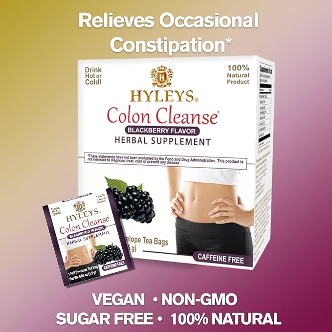 HYLEYS Colon Cleanse Tea, Blackberry Flavor - 50 Individually Wrapped Herbal Tea Bags - Caffeine Free, Gluten Free