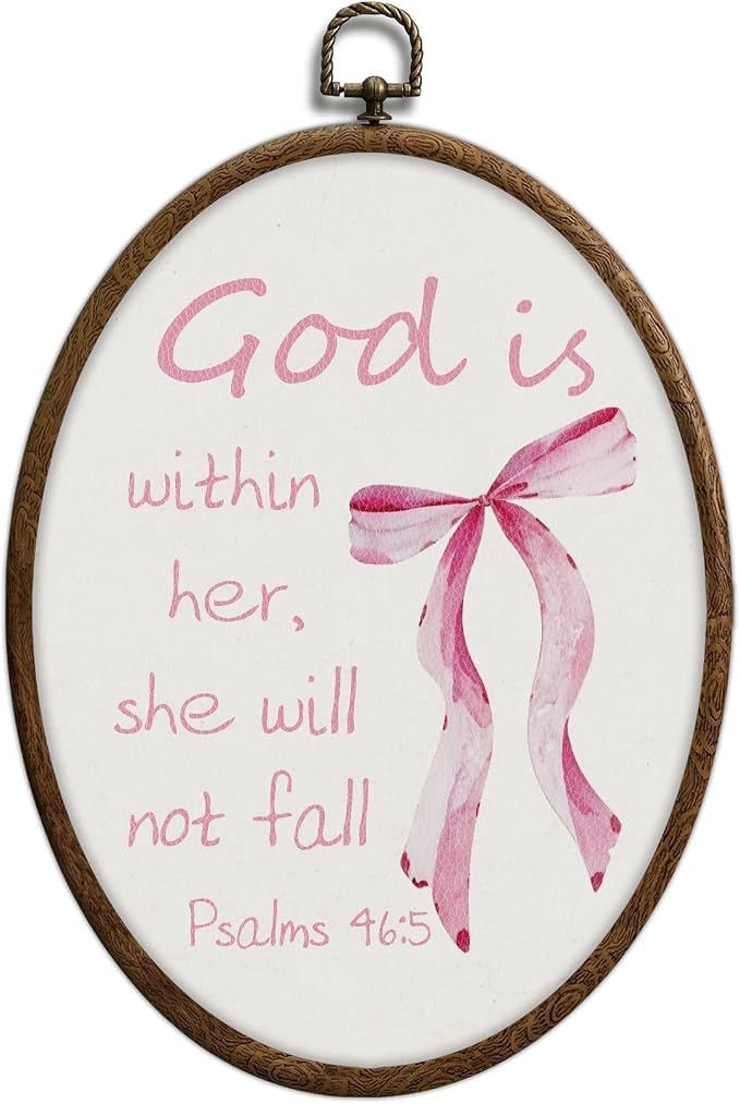 Coquette Pink Bow Christian Oval Wall Art, Bible Verse Scripture Oval Framed Wall Art, Waterproof Cottage Core Home Decor for Western Farmhouse Bedroom Living Room, Home Retro Decor Products, 05
