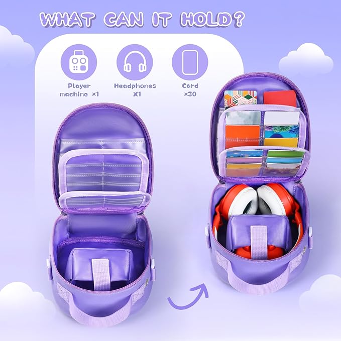 Carrying Case Compatible with Yoto Mini (2024 Edition),30 Cards Storage Bag with Handle and Shoulder Strap, Travel Storage box for Player & Headphone Accessories (Purple)