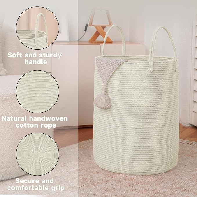 JMvicyroam 100L Cotton Rope Laundry Basket Hamper, White | Collapsible laundry basket, reinforced handles, freestanding, machine washable, holds 3-5 thick blankets, clothes or toys