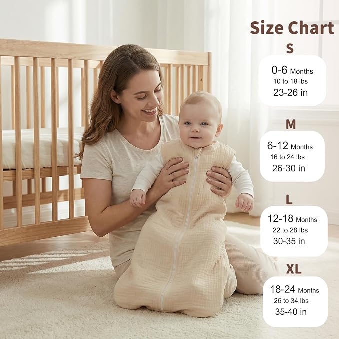 BSTOPPT 2 Pack Baby Sleep Sack 12-18 Months 100% Organic Cotton Muslin Baby Sleeping Bag 2-Way Zipper Wearable Blankets TOG 0.3 (Beige & Khaki, Large)