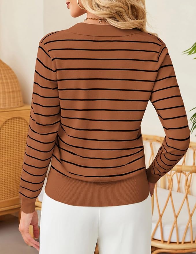Women's Long Sleeve Classic V Neck Casual Fall Winter Polo Sweater Tops | Basic Collared Knitted Fashion Work Business Formal Daily Wear Versatile Pullover Shirts