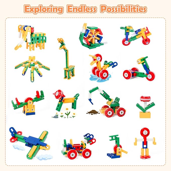 SWER 200Pcs 3D Building Block Toys, Creative Interlocking Connecting Kit, Multicolor STEM Interlocking Toy Set, Montessori Toys for Preschool Kids, Building Toys for Kids Ages
