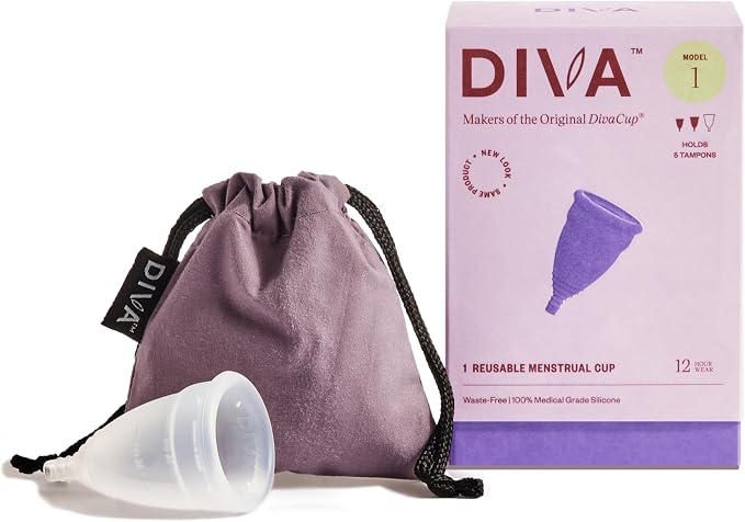DIVA Cup & Shaker - Medical Grade Silicone Cup for Period Care - Reusable Menstrual Cup with Shaker for On-The-Go Cleansing - Wear Up to 12 Hours - Model 1 (for Medium to Heavy Flow)