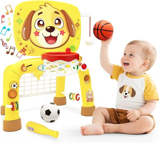 Toys for 1 Year Old Boy - Toddler Basketball Hoop & Soccer Goal & Baseball Activity Center with Light Sound Music, Puppy Montessori Sports Toy, Christmas Birthday Gift for Baby 12-18 Months, Yellow