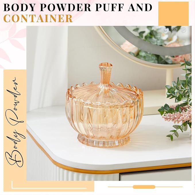 Tioncy 2 Pcs Extra Large Dusting Powder Puff and Container for Women-6'' Glass Crystal Dusting Powder Container with Body Soft Washable Reusable Velour Face(Amber,Scalloped)