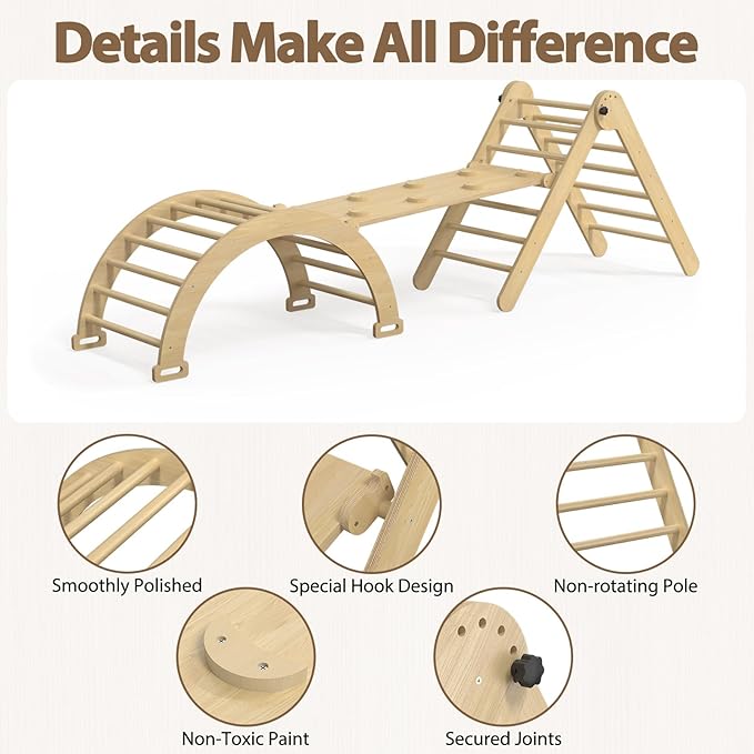 Large Pikler Triangle Set, 7-in-1 Toddler Climbing Toys Indoor, Wooden Montessori Climbing Set with Arch Ramp Ladder, Foldable Baby Jungle Gym Playground (Wood Natural)