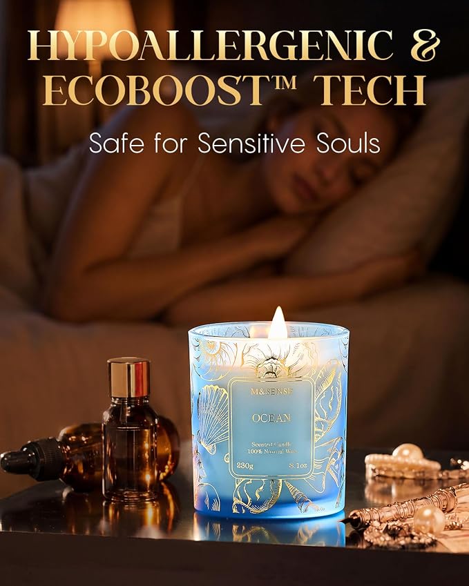 M&SENSE Ocean Soy Candle, 8.1oz Gilded Glass, Summer Fresh Aromatherapy | 42H Slow Burn, Soy Wax, Bathtub Home Fragrance, Non-Toxic, Warmer Lamp Safe