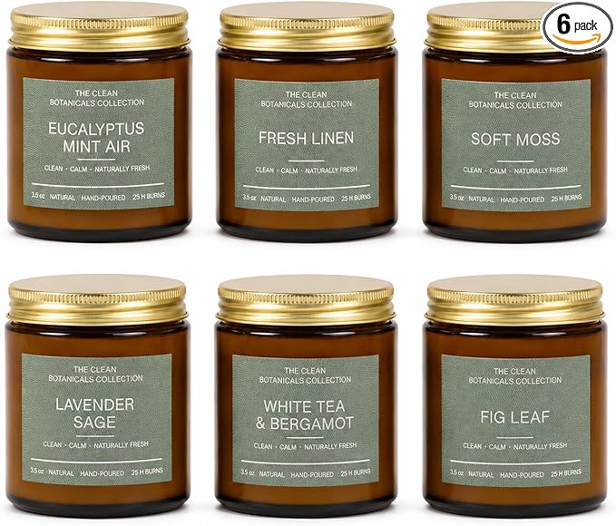 Scented Candles Gift Set for Women, Clean Botanicals Collection, 6 Pack 3.5 oz Natural Soy Wax Candles in Amber Glass Jars, Aromatherapy Gifts for Mom Birthday Housewarming, Lavender Sage