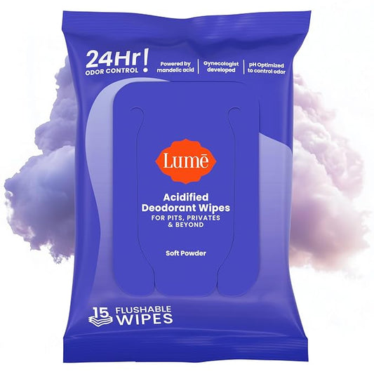 Lume Acidified Deodorant Wipes - 24 Hour Odor Control - Aluminum Free, Baking Soda Free, Skin Loving - Flushable - 15 Count (Soft Powder)