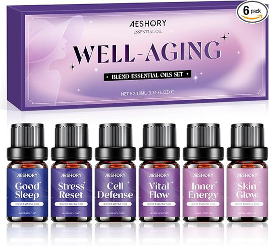 AESHORY Well-Aging Essential Oils Set, 6 Premium Aromatherapy Blend Oils for Diffusers for Home, Self Care & Relaxation Gift for Women, Good Sleep, Stress Reset, Vital Flow, Skin Glow, 6 x 10ML