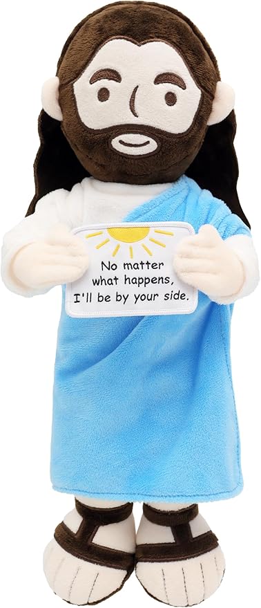Inspirational Jesus Plush Stuffed Doll with Encouraging Words 13.4" Positive Jesus Plushie Soft Christian Toy Faith Comfort Gift for Kids Baptis Easter Christas (Blue)