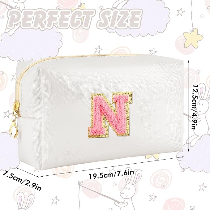URSKYTOUS Initial Makeup Bag Personalized Preppy Travel Small Cosmetic Bag Cute PU White Chenille Letter Makeup Pouch for Purse Waterproof Zippered Toiletry Organizer for Women Girl Kid Friends(N)