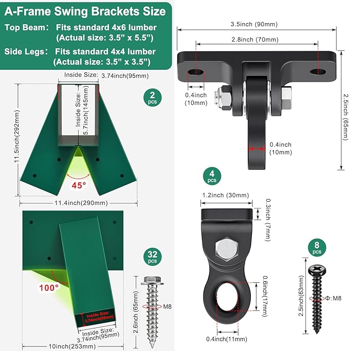 SELEWARE Heavy Duty Swing Set Brackets Including 2 A-Frame Swing Brackets, 4 Swing Leveling Base Brackets, 4 Swing Hangers & 2 Swing Seats, Complete DIY Outdoor Playground Hardware for Backyard, Kids