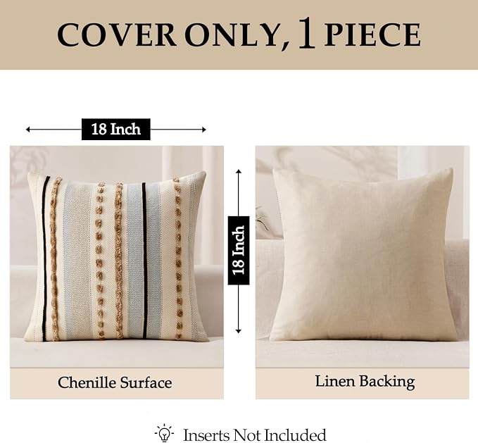 ANRODUO Boho Decorative Pillow Covers 18x18 Light Blue Stripe Pack of 1 | Throw Pillow Covers, Farmhouse Cushion Case, Chenille Pillow Cases, Pillow Covers, Accent Neutral Pillowcase for Sofa Couch