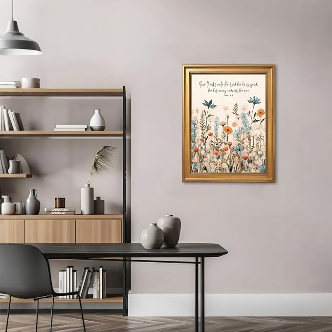 Framed Christian Scripture Wall Art Painting Give Thanks to the Lord Psalm 1361 Floral Print Inspirational Bible Verse Picture Poster Wildflower Faith Decor Canvas Artwork for Home Office 8x10inch