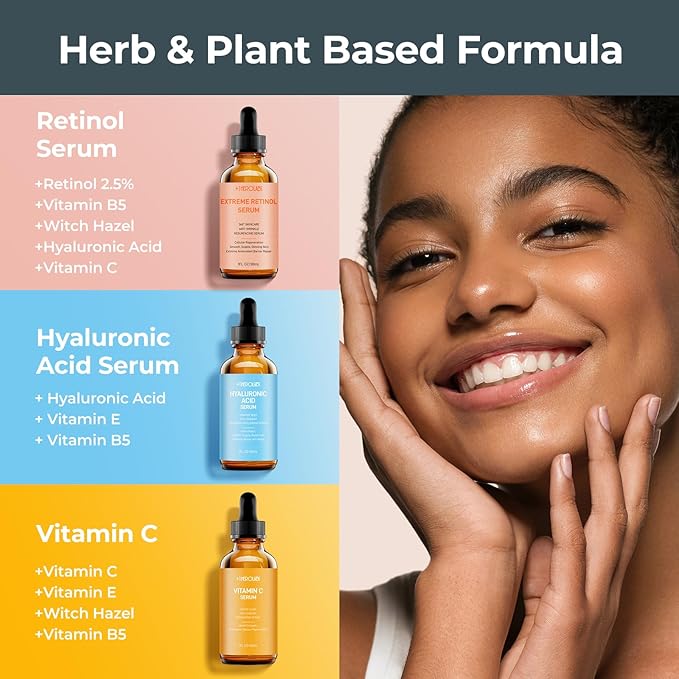 Facial Skin Care Set– Retinol Serum, Vitamin C & Hyaluronic Acid for Face – Anti Aging Face Serum Set for Women – Firm, Wrinkle Smoothing, Dark Spot Corrector, Brighten Dullness
