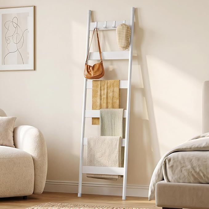 HOOBRO Blanket Ladder, 6-Tier Towel Rack with Hooks, Wall-Leaning Blanket Rack, Decorative Display Ladder Shelf, for Scarves, Industrial, Living Room, Bedroom, White WW66CJ01