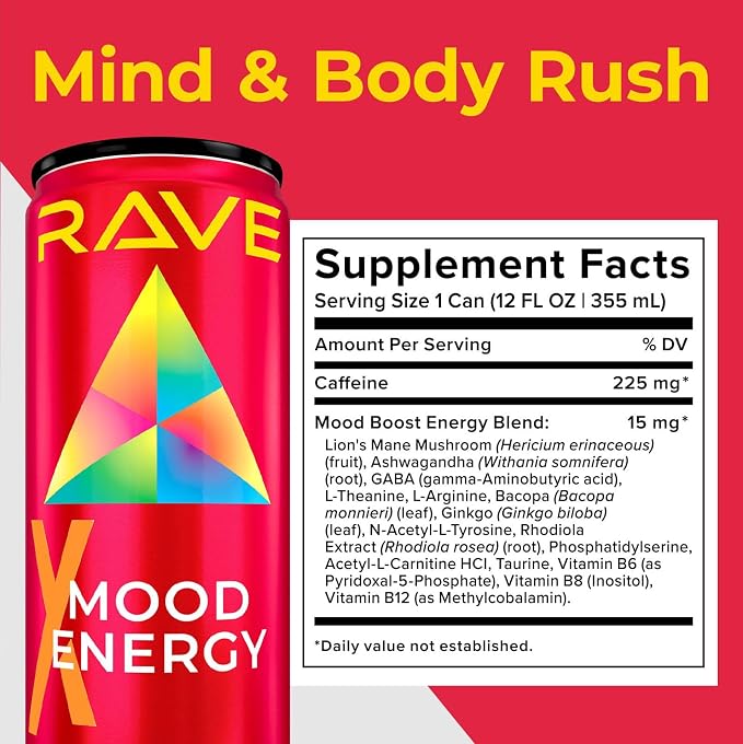 RAVE Mood Energy Drink is Mind Blowingly Different. With Mood-Boosting Functional Mushrooms, Nootropics, Adaptogens & B Vitamins. Experience Mind & Body Rush! 225mg Caffeine - Electrolytes - Zero Calories - 6 Delicious Flavors - 12 fl oz – 12 Pack