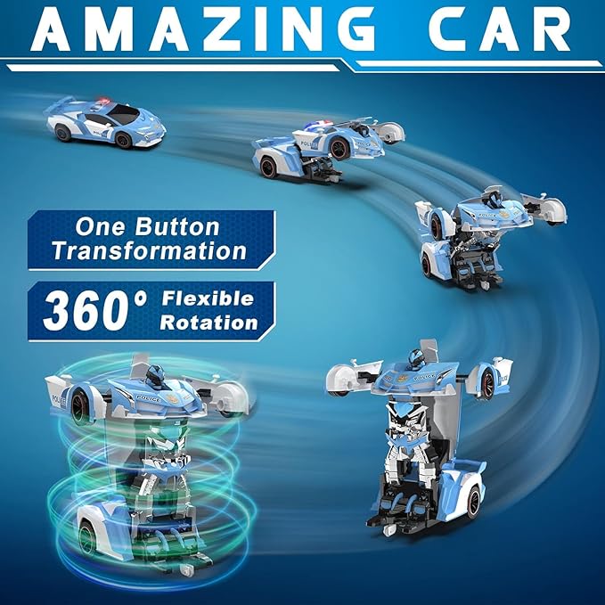 Remote Control Car - Transforming Toy Car Robot, One-Button Deformation with Flashing Lights 2.4GHz 1:18 Scale Transforming Police Car with 360-Degree Rotation Toys for Boys and Girls