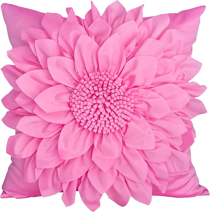 Hot Pink Accent 3D Flower Decorative Throw Pillow Covers for Bed Sofa Couch | Bella's Giftshop Handmade Sunflower Taffeta Pillow Cases Living Room Bedroom Decor, 18x18 Inch