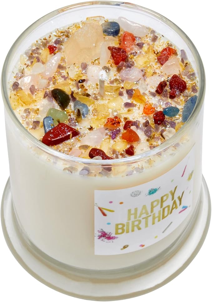 Happy Birthday Candle by New Moon Beginnings - Intention & Manifestation - Birthday Wish Candle - Crystal & Herb Candles - Aromatherapy Candles - Soy Candle, 8 Ounce Round Tin