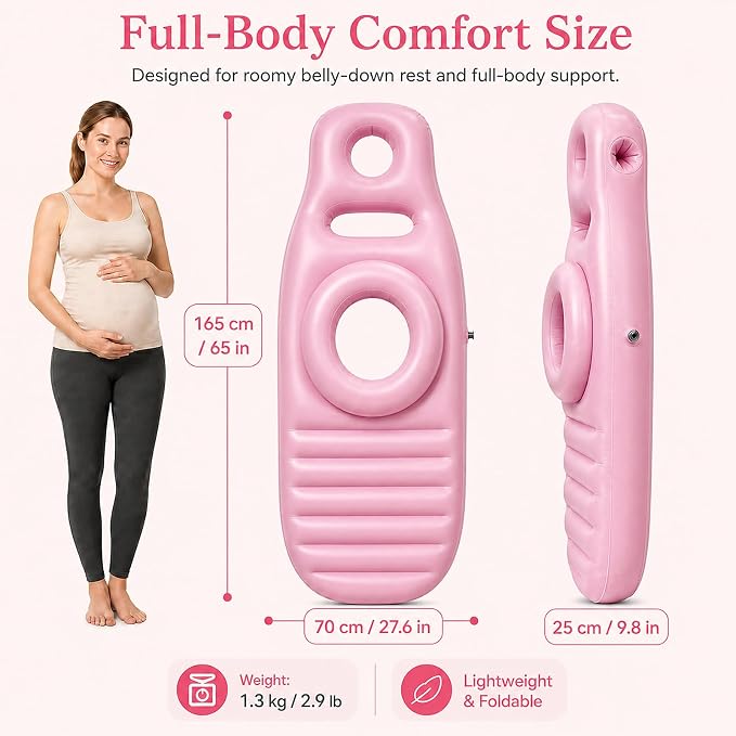 Inflatable Pregnancy Pillow, Full Body Ergonomic Maternity Air Bed with Belly Space for Prone Comfort & Better Sleep, Back & Hip Relief, Ideal for Bedroom, Living Room, Pool, Massage & Spa (Pink)