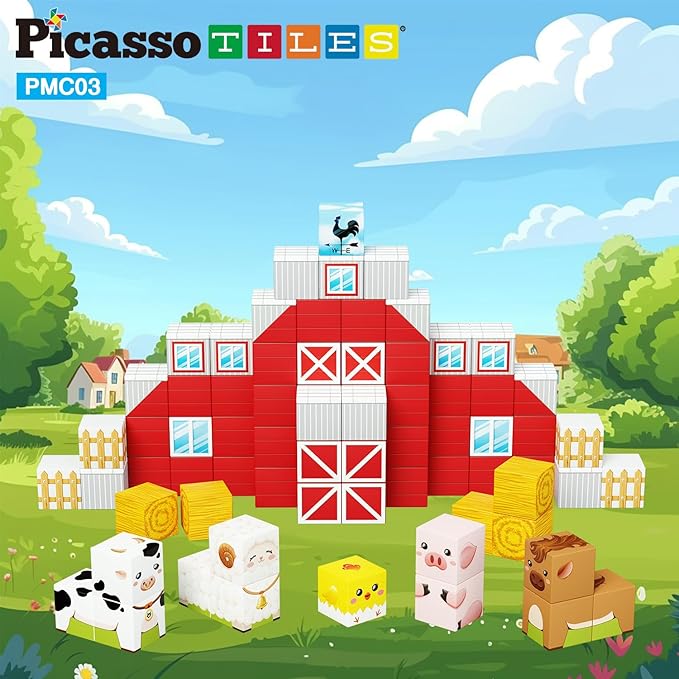 PicassoTiles Magnet Cube Farm House Theme Mix and Match Building Block Construction Toy Barn with 5 Magnetic Cubed Character Action Figure STEM Learning Education Sensory Pretend Play Kid Age 3+ PMC03