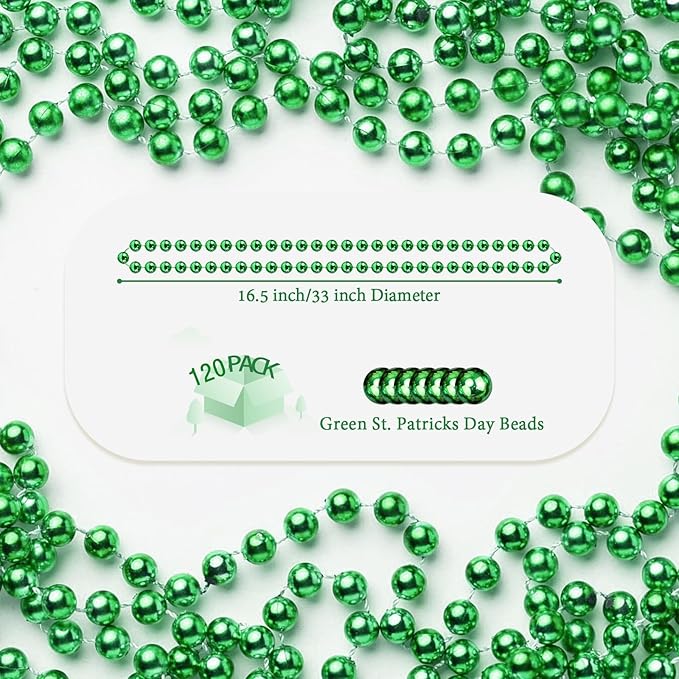 YAXINRUI 120 PCS St. Patricks Day Necklaces, Green Mardi Gras Christmas Bead Necklaces, 33" St. Patrick's Day Green Beads St. Patricks Day Accessories for Mardi Gras, St. Patricks Day Party Favors
