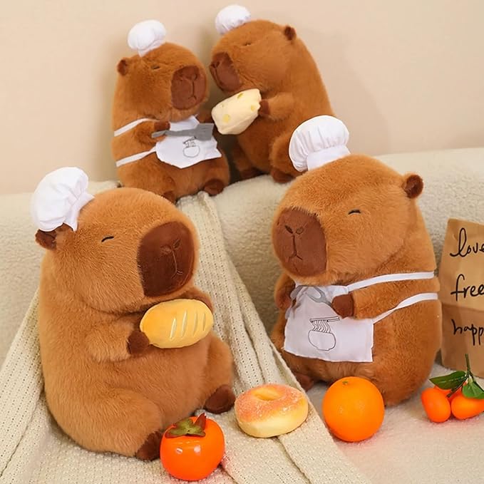 Capybara Plush with Cooking Chef Hat Holding Cheese 9.8 inch Cute Capibara Stuffed Animal Ultra Soft Plushies Toys Kawaii Gifts for Kids Brown