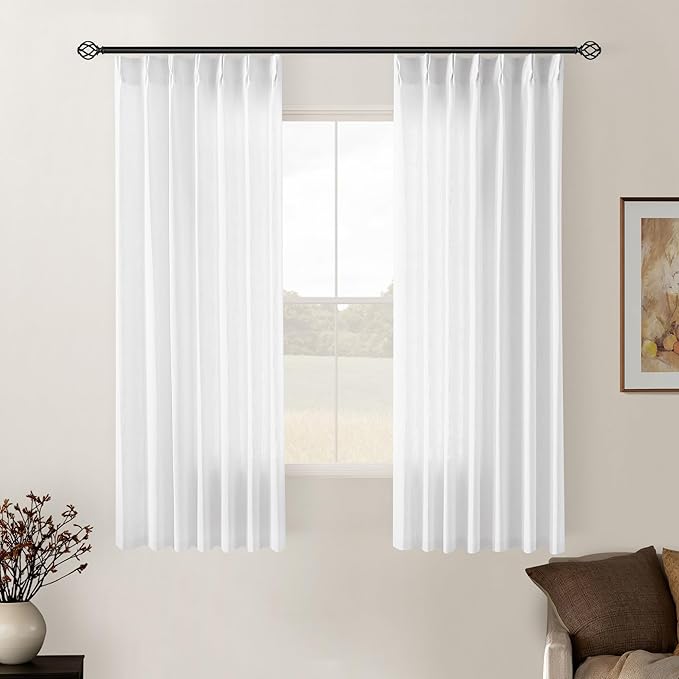 Snow White Pinch Pleated Linen Semi Sheer Curtains 54 Inch Length 2 Panels | for Dining Room Bedroom, Memory Training Shaped, Pinch Pleat Drapes with Hooks Rings, Light Filtering Window Curtain 40x54