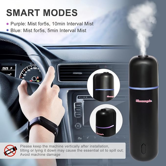 Car Diffuser, Motion Sensor Waterless Essential Oil Diffuser for Car USB Rechargeable with 6 Refill Scents（Hilton/Sandwood/WhiteTea/Diamond/GreenBamboo/Pachuli