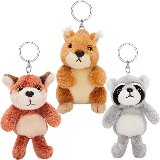 3Pcs Bulk Woodland Animal Keychain Plush Toy, 5" Cute Raccoon, Squirrel, Fox Stuffed Animal Keyring Pendants, Stuffed Forest Animals for Baby Shower Birthday Party Decor Backpack Charms