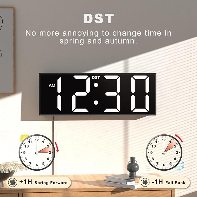 JALL Digital Wall Clock Large Display with Big LED Numbers, Remote Control, 8 RGB Colors, Auto DST, Night Light for Classroom Living Room Bedroom Birthday Gift for Senior (White Font, 12 inches)