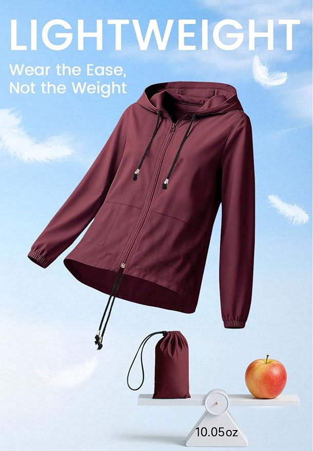 Zando Lightweight Rain Jacket Women Packable Waterproof Raincoat with Hood | Windbreaker Jacket Women, Light Raincoats for Drizzle, Rain Coats for Travel, Hiking and Commute