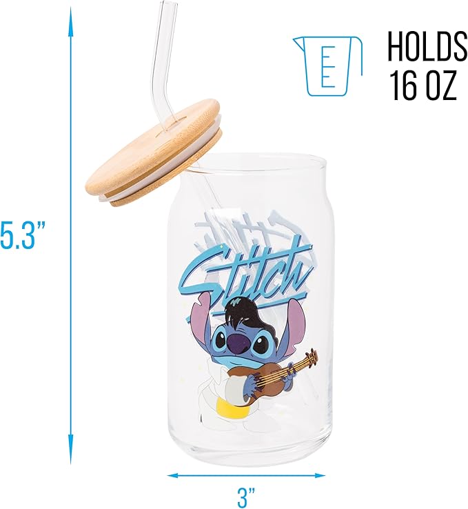 Silver Buffalo Disney Lilo and Stitch Glass Tumbler with Bamboo Lid and Glass Straw Featuring Stitch in an Elvis Costume, 16 Ounces