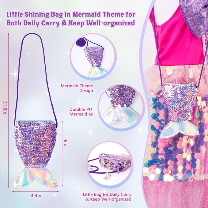 Meland Mermaid Dress - Little Mermaid Costume with Bag for Girls 3-10, Princess Dress Up for Birthday Gift, Halloween Costume
