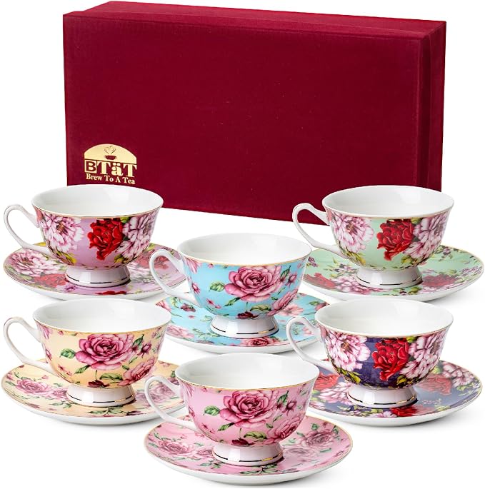 BTaT- Floral Tea Cups and Saucers, 8 oz, Fine Porcelain Teacup Set with Gold Trim for Afternoon Tea, Weddings, Parties & Gifting, Dishwasher Safe, Lightweight, Non-Toxic, Set of 6
