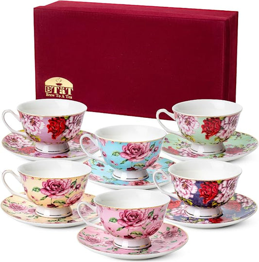 BTaT- Floral Tea Cups and Saucers, 8 oz, Fine Porcelain Teacup Set with Gold Trim for Afternoon Tea, Weddings, Parties & Gifting, Dishwasher Safe, Lightweight, Non-Toxic, Set of 6