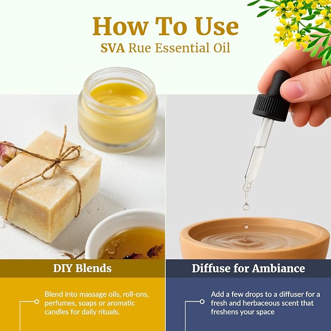 SVA Rue Essential Oil 1 Fl Oz – for Diffuser, Skin & Hair Care – Ideal for Massage & DIY Blends - with Dropper