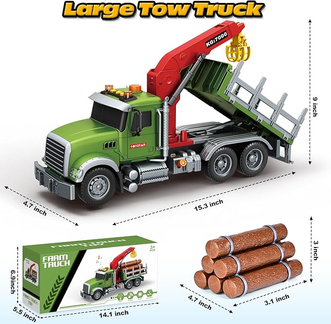 Kids Toys for 3 4 5 6 7 8 Years Old Boys, 15" Farm Logging Truck Toy with Loading Crane and 6 Trunks, Lights, Sounds, Toddler Friction Powered Truck Vehicle Toy for Boys Girls Birthday Gifts