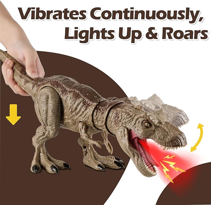 Tyrannosaurus Rex Action Figure Dinosaur Toy for Kids 3-5 & 6-8 with Continuous Spray and Vibration - Roaring & Light-Up Dino Toy with Movable Jaws and Limbs, Christmas, Birthday Gift for Kids (Brown)