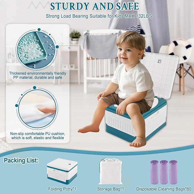 Portable Potty Seat for Toddler Travel, Foldable Training Toilet Seats | Emergency Mobile Toilet, for Kids Boys Girls, for Car Camping Outdoor Indoor, with 60 Disposable Cleaning Bags, Storage Bag